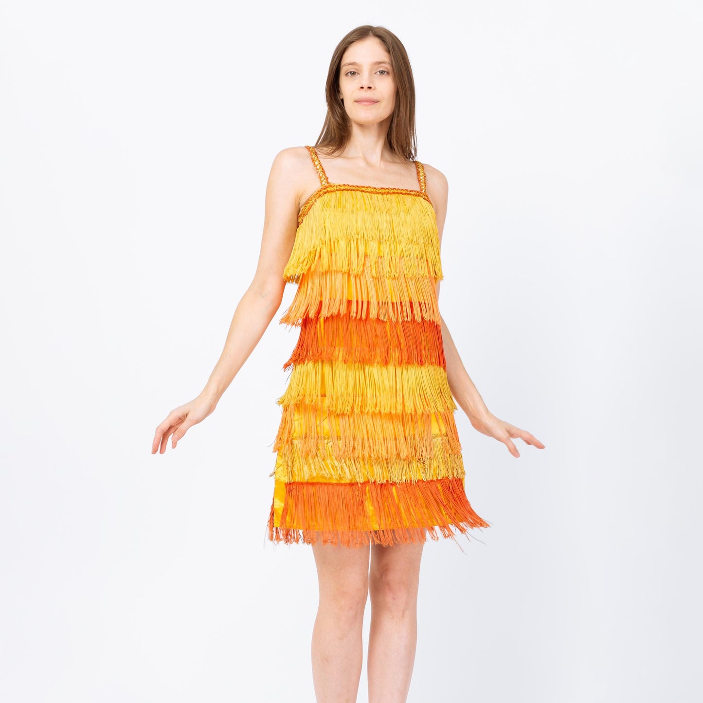Vintage 60s Yellow & Orange Fringe Flapper Dress - Extra Small | 1920s Gatsby Mini Costume Dress