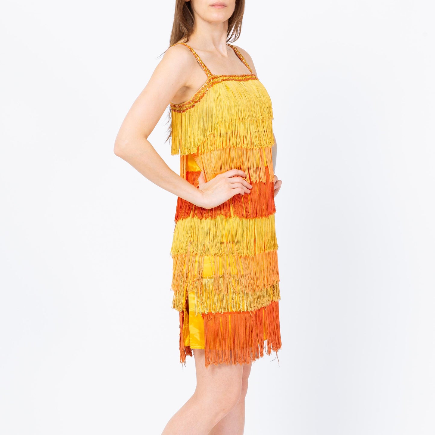 Vintage 60s Yellow & Orange Fringe Flapper Dress - Extra Small | 1920s Gatsby Mini Costume Dress