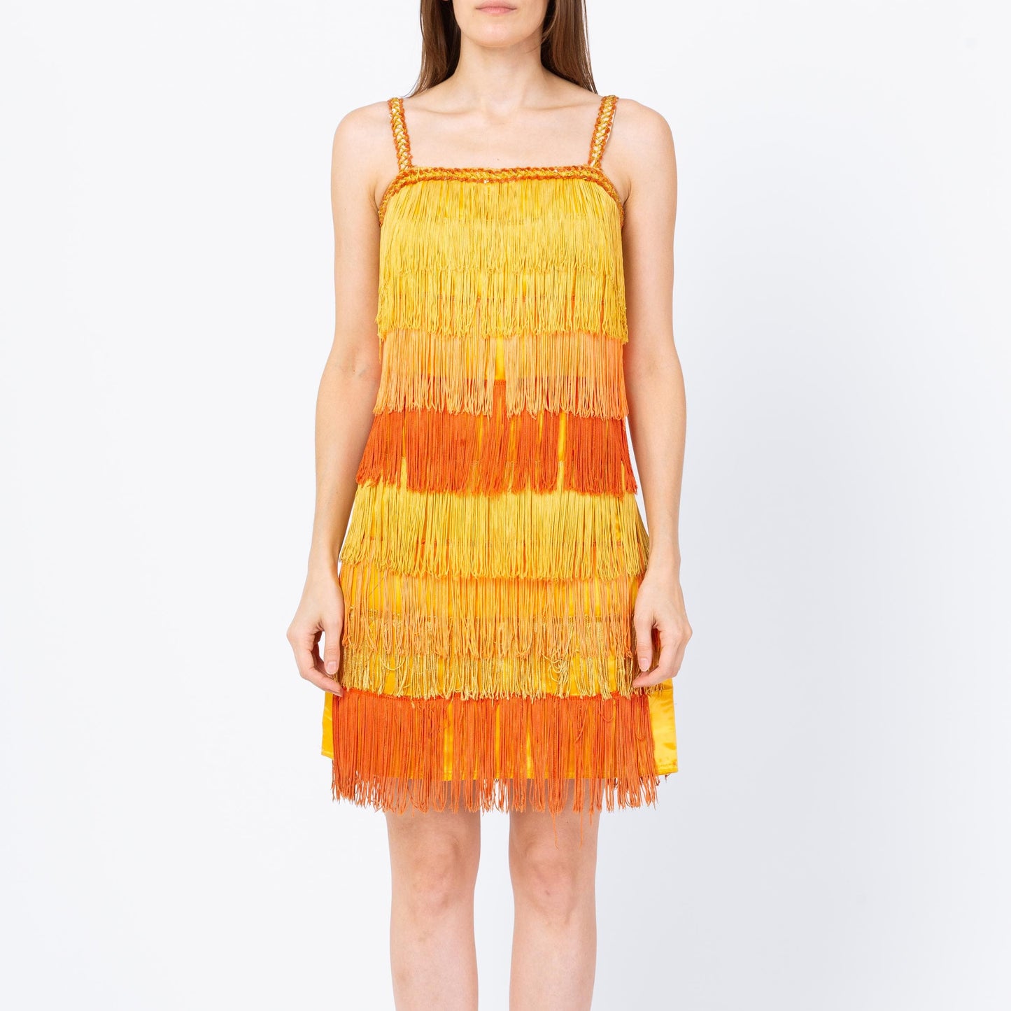 Vintage 60s Yellow & Orange Fringe Flapper Dress - Extra Small | 1920s Gatsby Mini Costume Dress