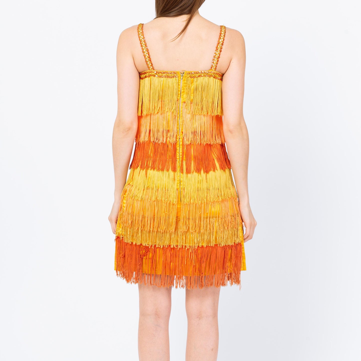 Vintage 60s Yellow & Orange Fringe Flapper Dress - Extra Small | 1920s Gatsby Mini Costume Dress
