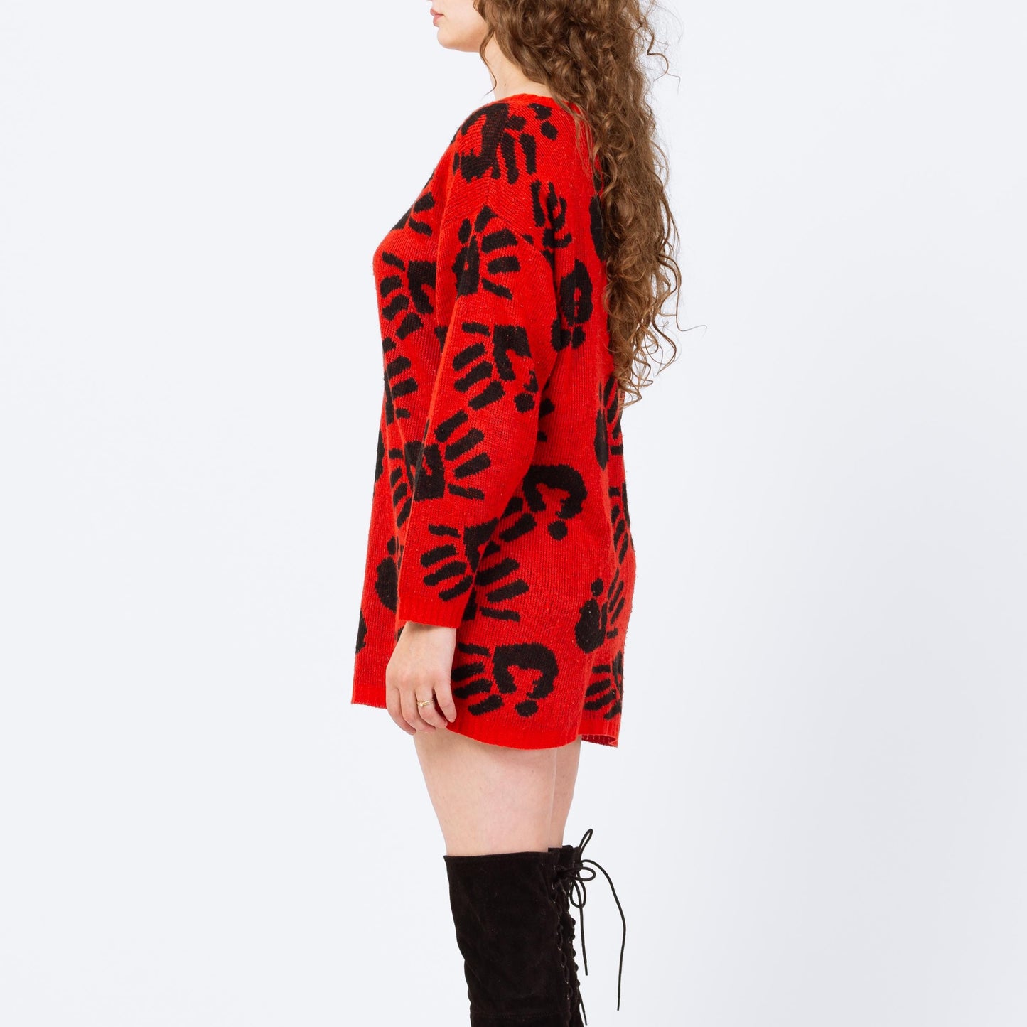 Vintage 80s Spooky Handprint Novelty Sweater Dress - One Size | Red Black Knit Long Sleeve Oversize Pullover Mini Dress