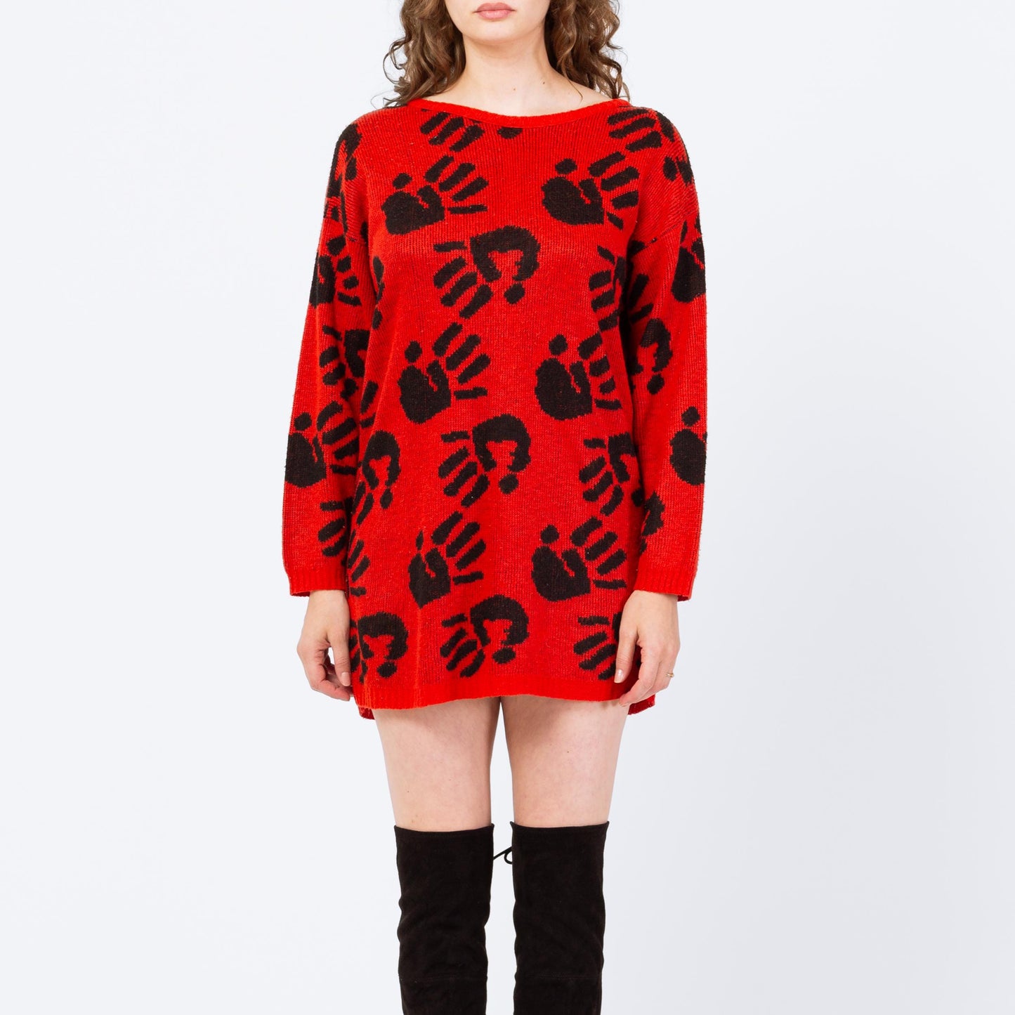 Vintage 80s Spooky Handprint Novelty Sweater Dress - One Size | Red Black Knit Long Sleeve Oversize Pullover Mini Dress