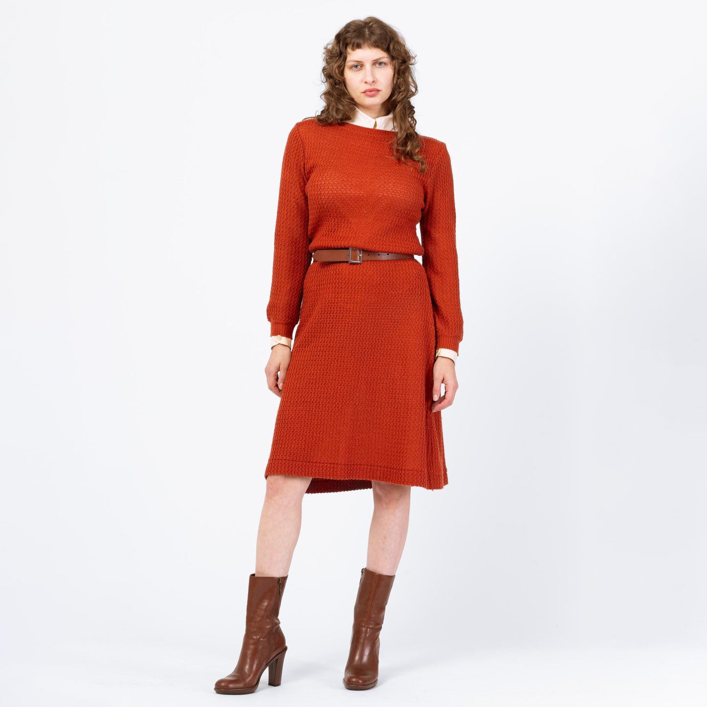 Vintage 70s 80s Burnt Orange Eyelet Knit Midi Sweater Dress - Medium | Retro Boat Neck Open Weave Long Sleeve Dress