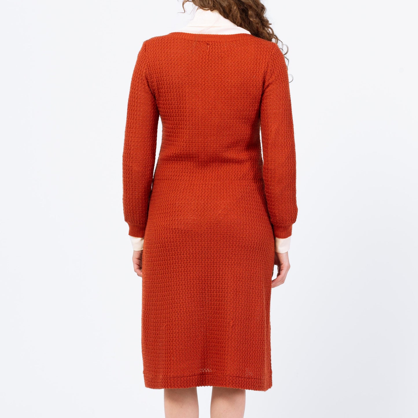 Vintage 70s 80s Burnt Orange Eyelet Knit Midi Sweater Dress - Medium | Retro Boat Neck Open Weave Long Sleeve Dress
