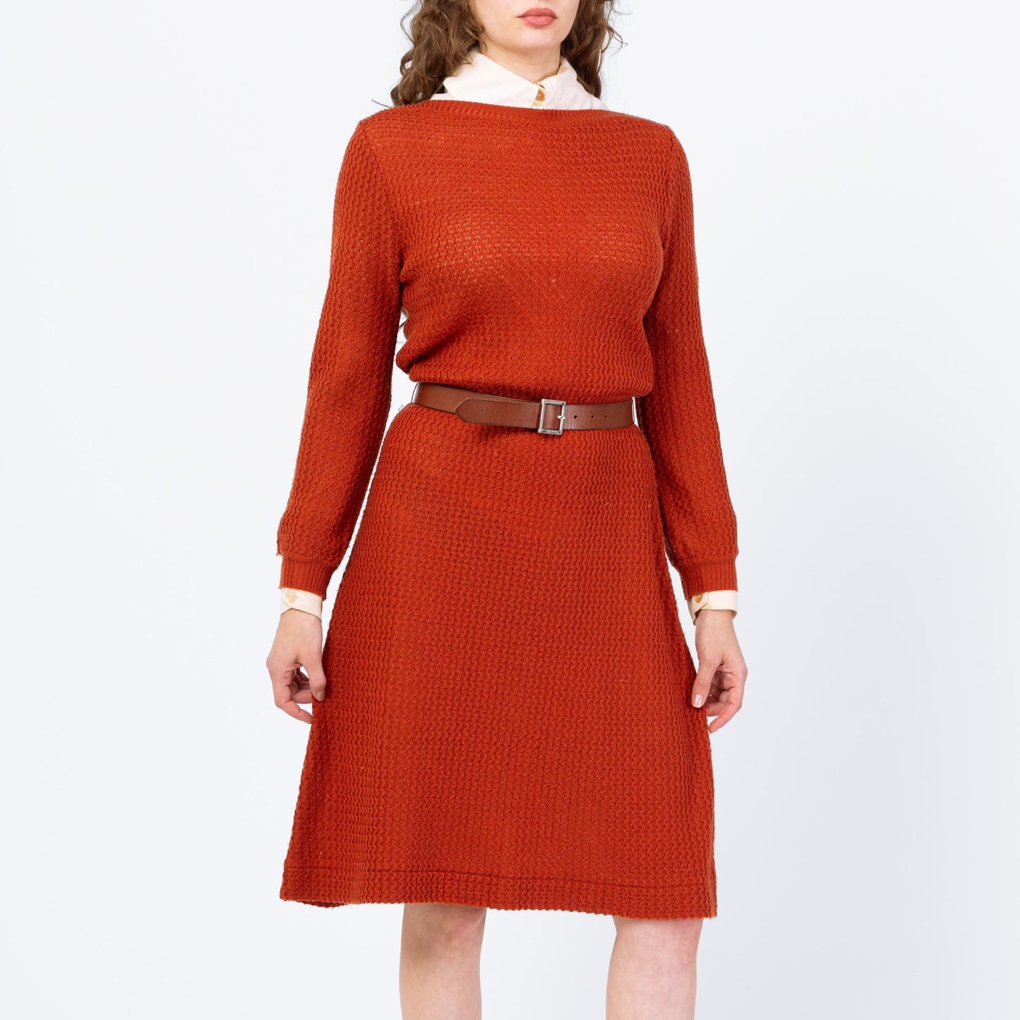 Vintage 70s 80s Burnt Orange Eyelet Knit Midi Sweater Dress - Medium | Retro Boat Neck Open Weave Long Sleeve Dress
