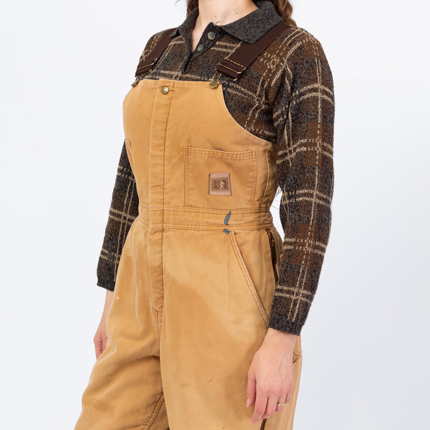 Vintage 90s Flannel Lined Insulated Overalls - Medium | Faded Tan Canvas Fitted Waist Thermal Workwear Jumpsuit
