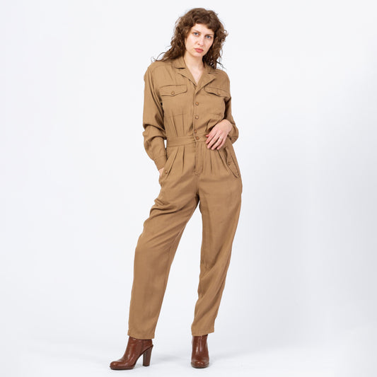 Vintage 90s Lizwear Khaki Tapered Leg Jumpsuit - Small to Medium | Pleated Button Up Fitted Waist Grunge Pantsuit