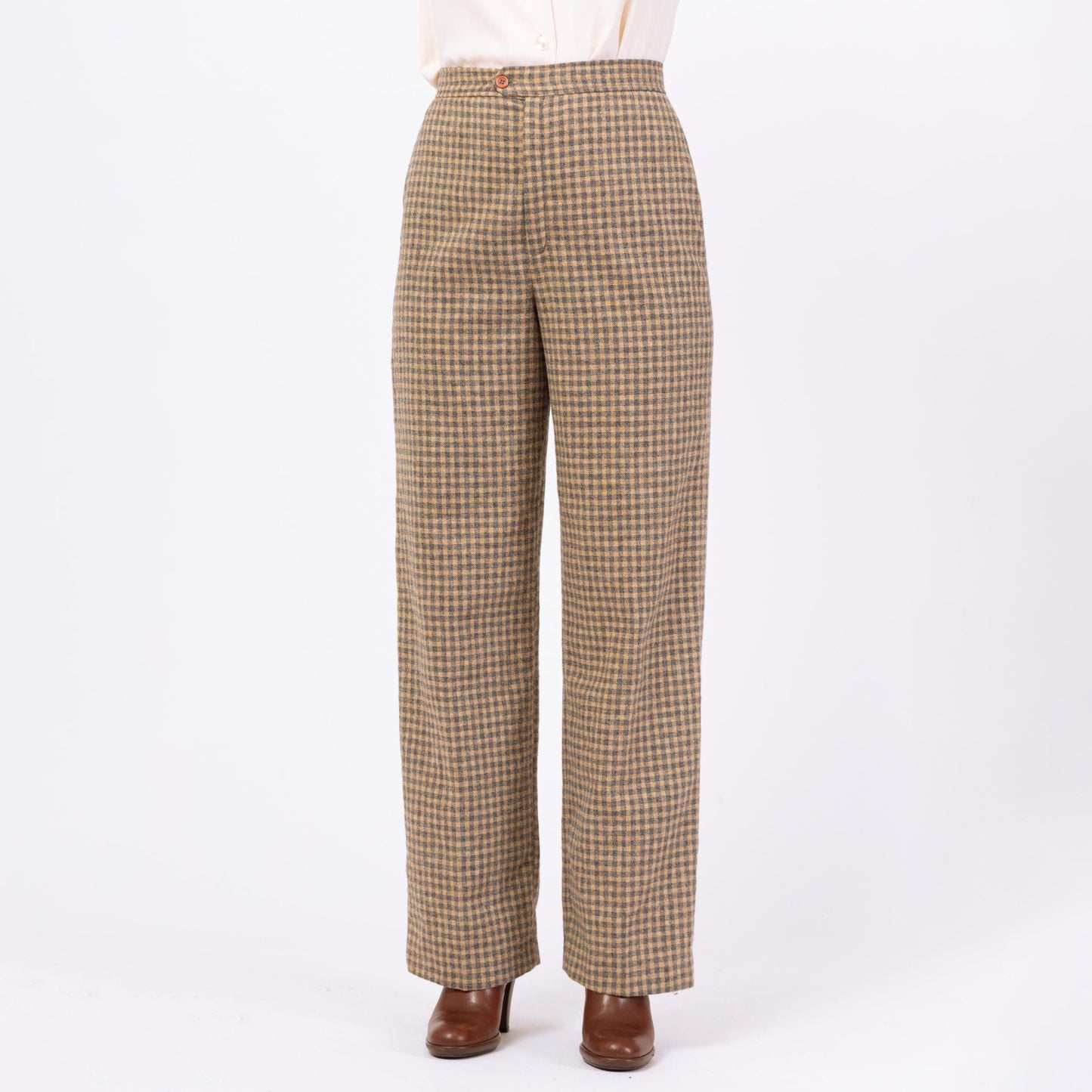 Vintage 70s Yellow & Grey Plaid Wool Pants - Medium, 28" Waist | Jack Winter High Waisted Straight Leg Trousers