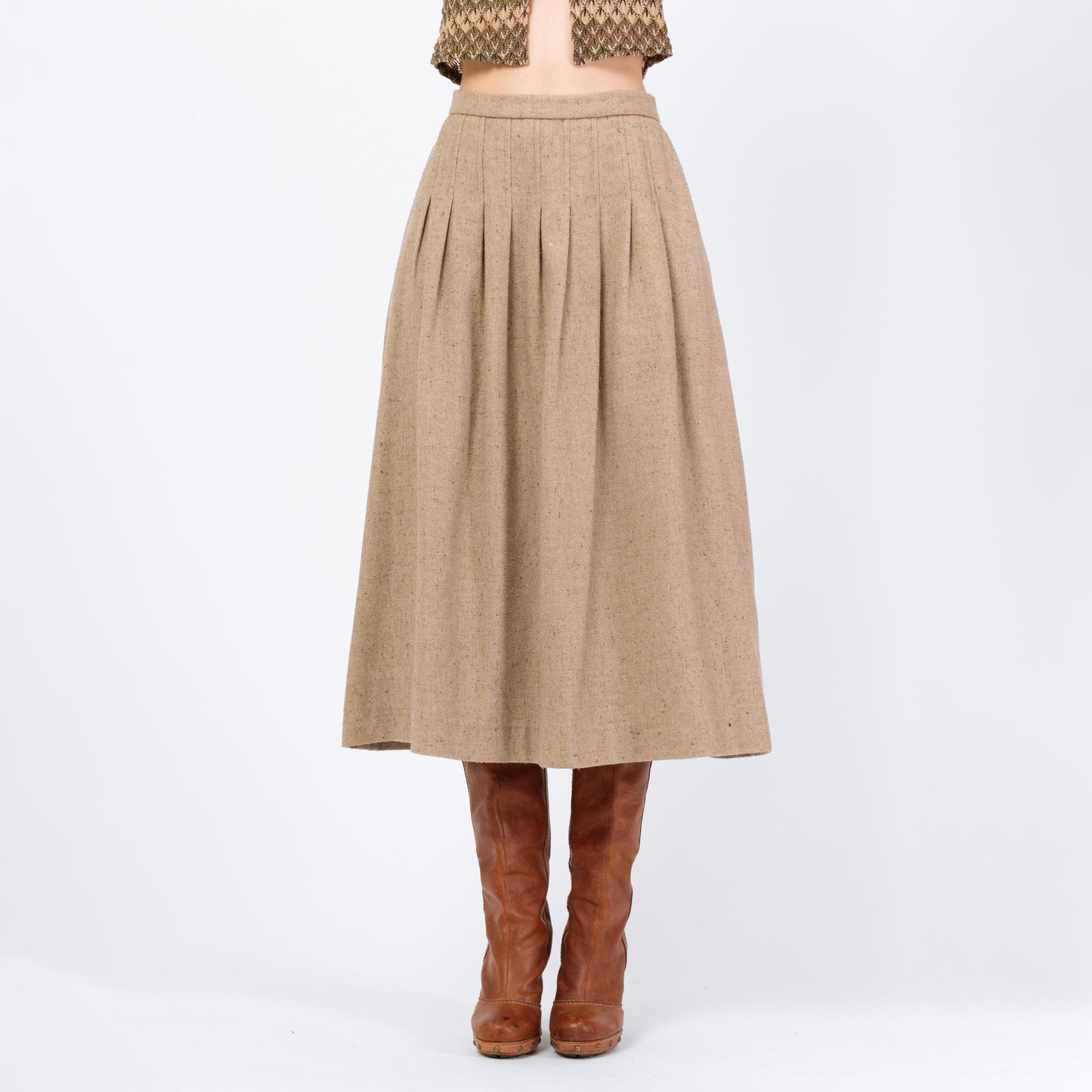 Vintage 70s Oatmeal Pleated Midi Skirt - Small, 26" Waist | High Waisted Light Academia Long Skirt