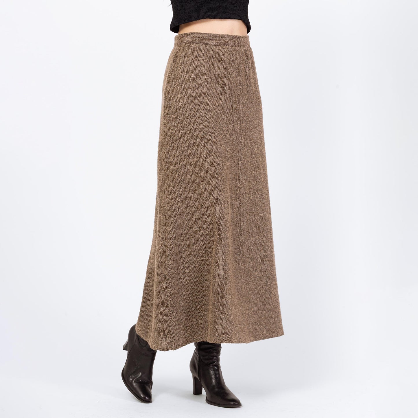 Vintage 80s Herringbone Knit Maxi Skirt - Small, 26" Waist | High Waisted Light Academia A Line Long Skirt