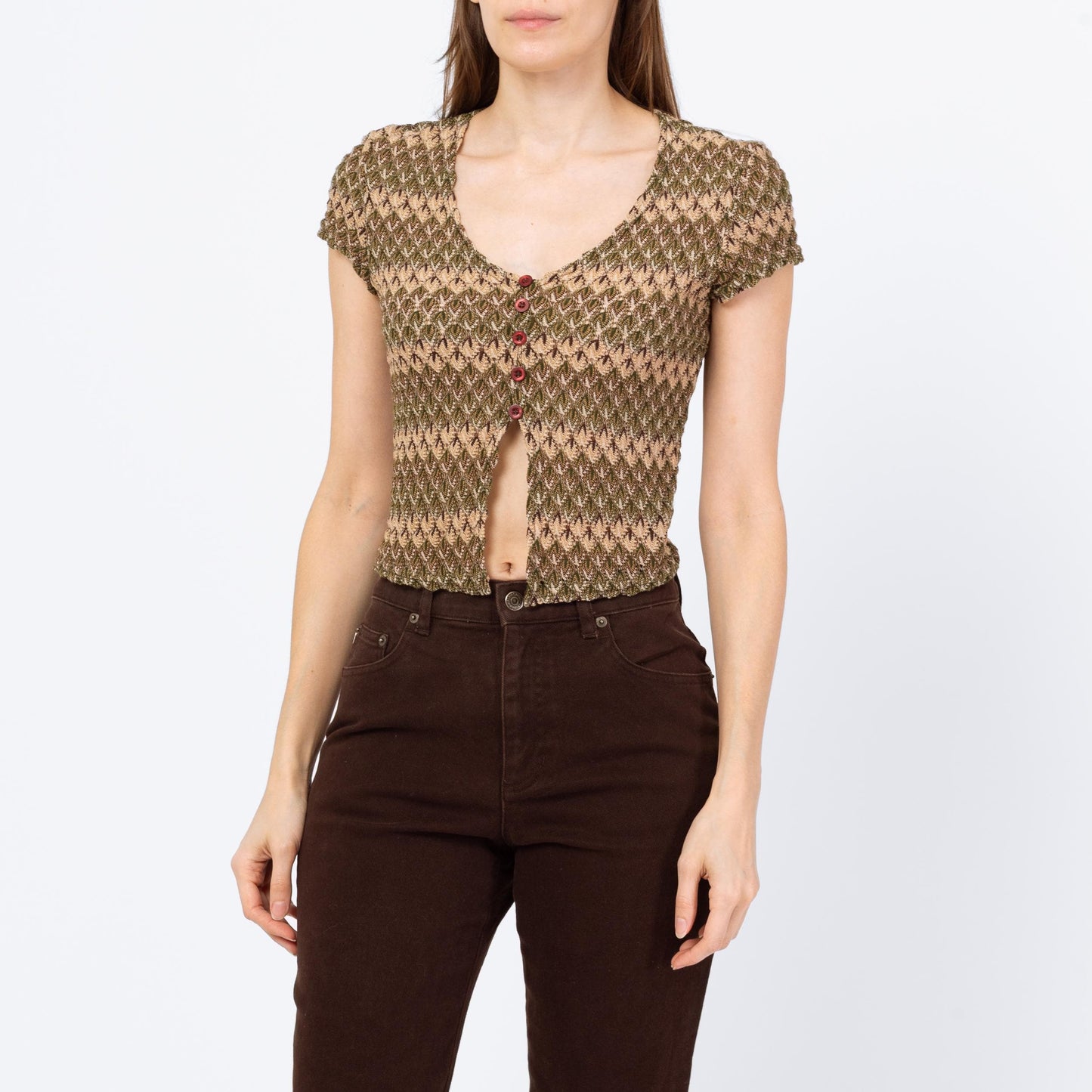 Vintage Y2K Flame Stitch Knit Split Front Crop Top - Small | Boho 2000s Olive Green Short Sleeve Cropped Blouse