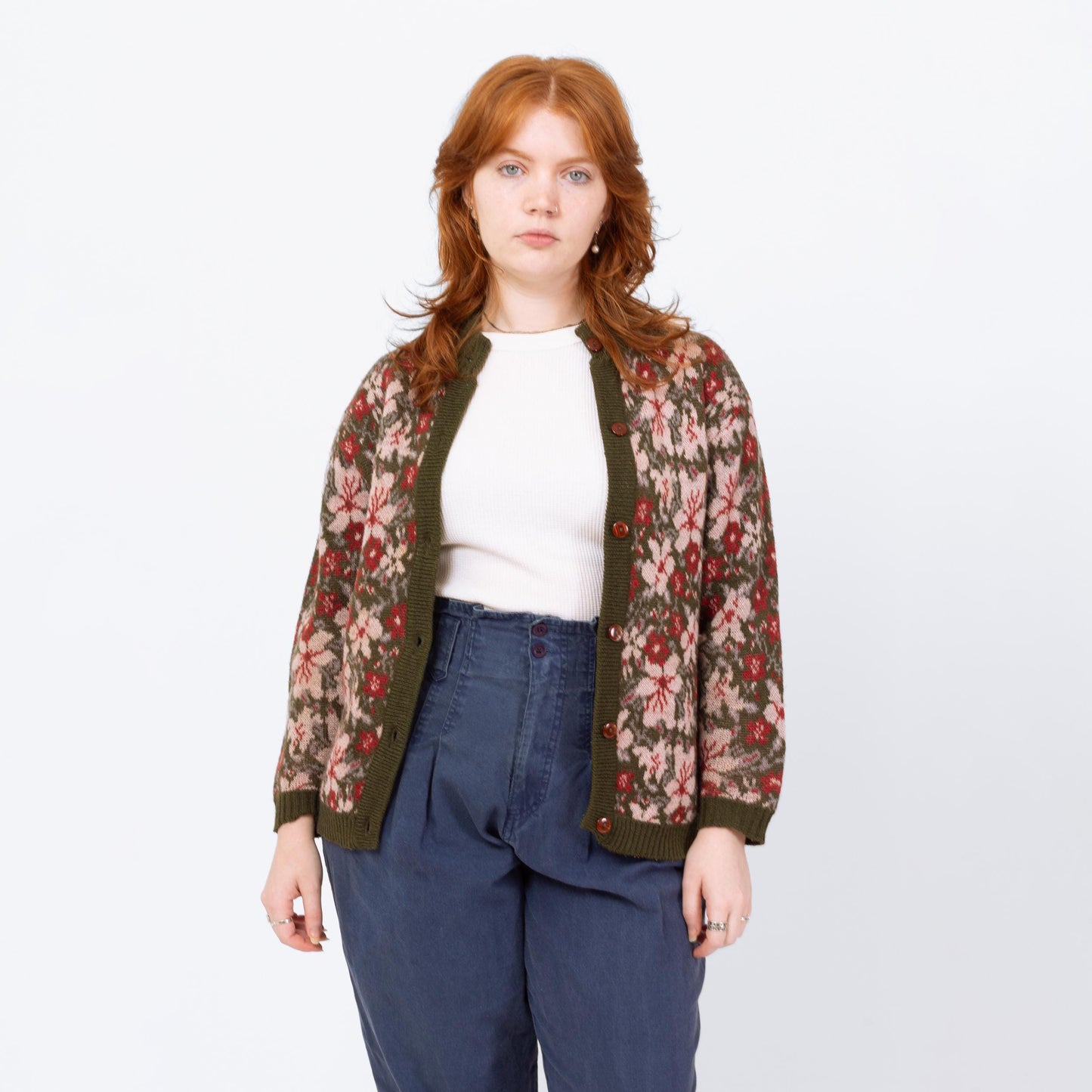 Vintage 80s Floral Olive Green Wool Knit Cardigan - Large | Boho Button Up Cropped Sweater