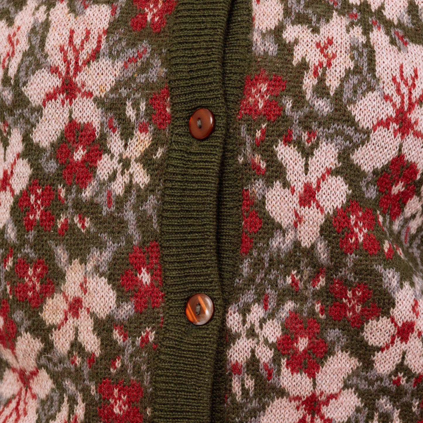 Vintage 80s Floral Olive Green Wool Knit Cardigan - Large | Boho Button Up Cropped Sweater