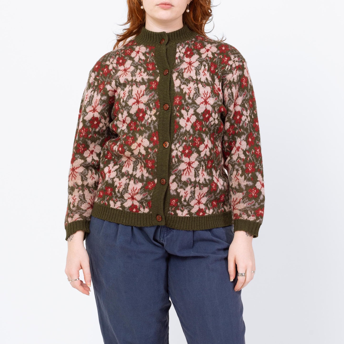 Vintage 80s Floral Olive Green Wool Knit Cardigan - Large | Boho Button Up Cropped Sweater
