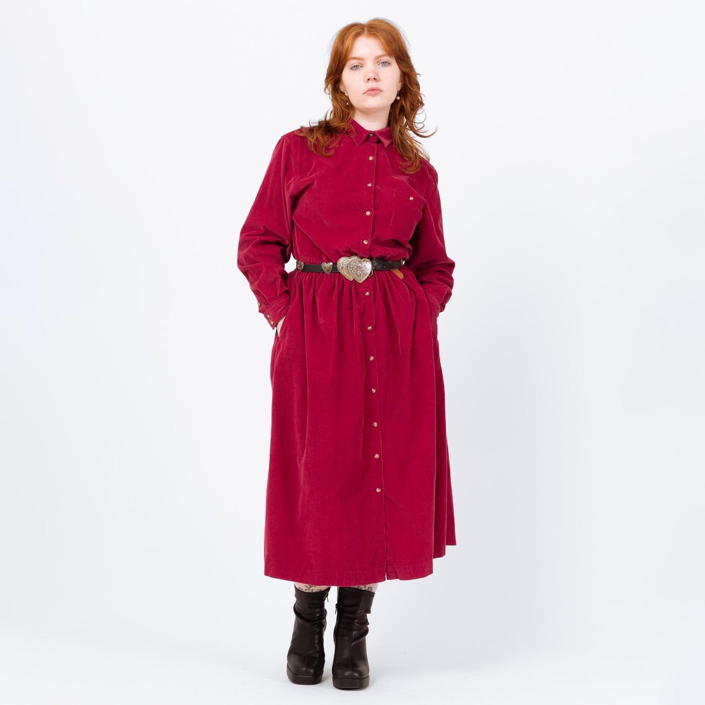 Vintage 90s Magenta Corduroy Midi Shirtdress - Large | Button Up Long Sleeve Fit & Flare Pocket Dress