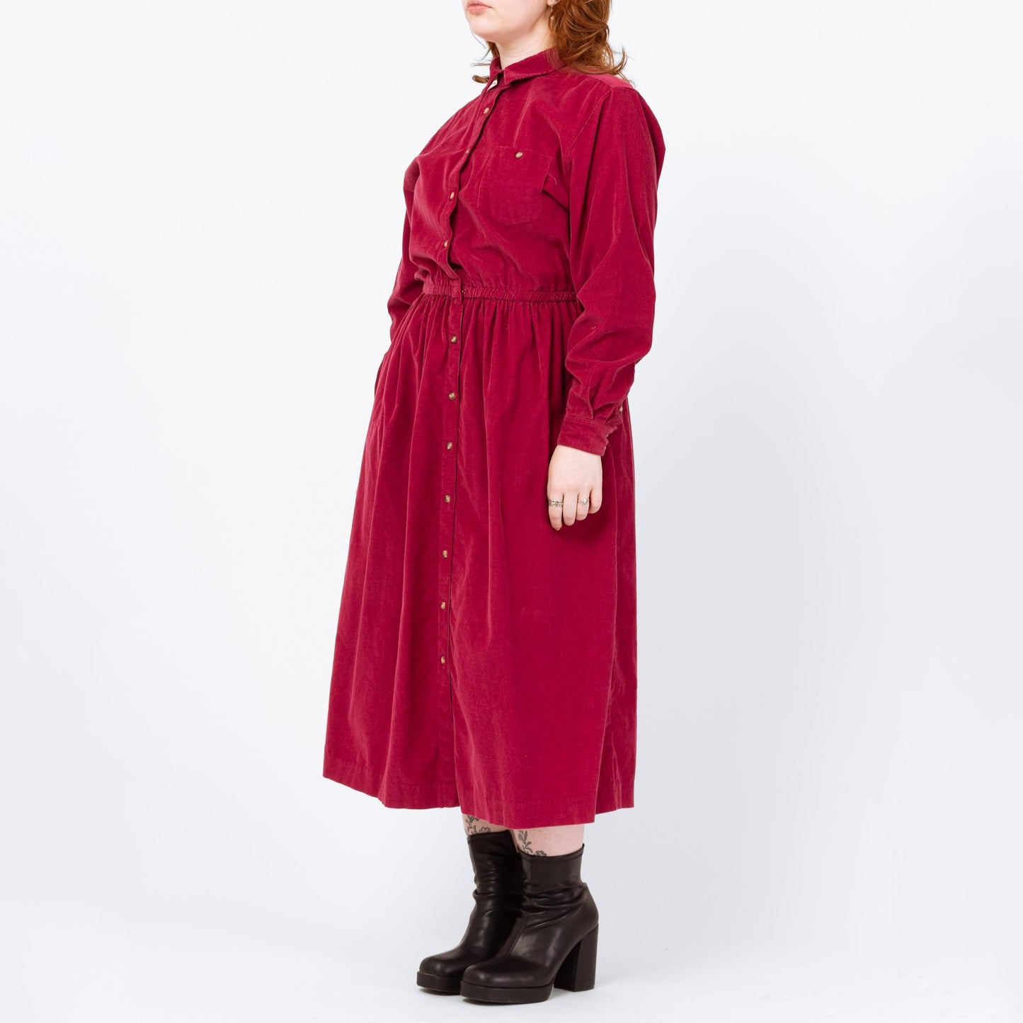 Vintage 90s Magenta Corduroy Midi Shirtdress - Large | Button Up Long Sleeve Fit & Flare Pocket Dress