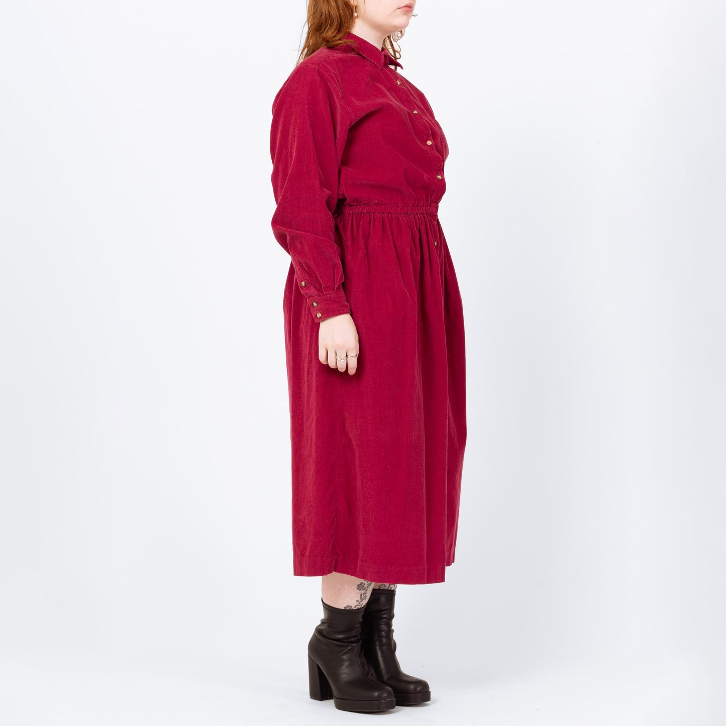 Vintage 90s Magenta Corduroy Midi Shirtdress - Large | Button Up Long Sleeve Fit & Flare Pocket Dress
