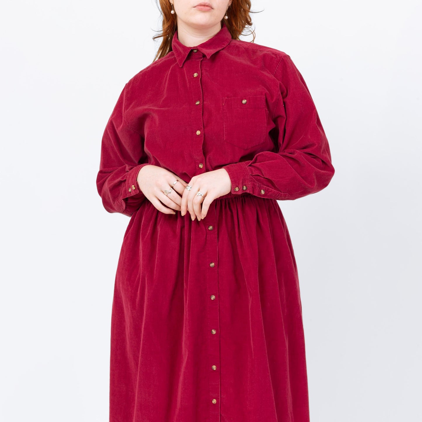 Vintage 90s Magenta Corduroy Midi Shirtdress - Large | Button Up Long Sleeve Fit & Flare Pocket Dress