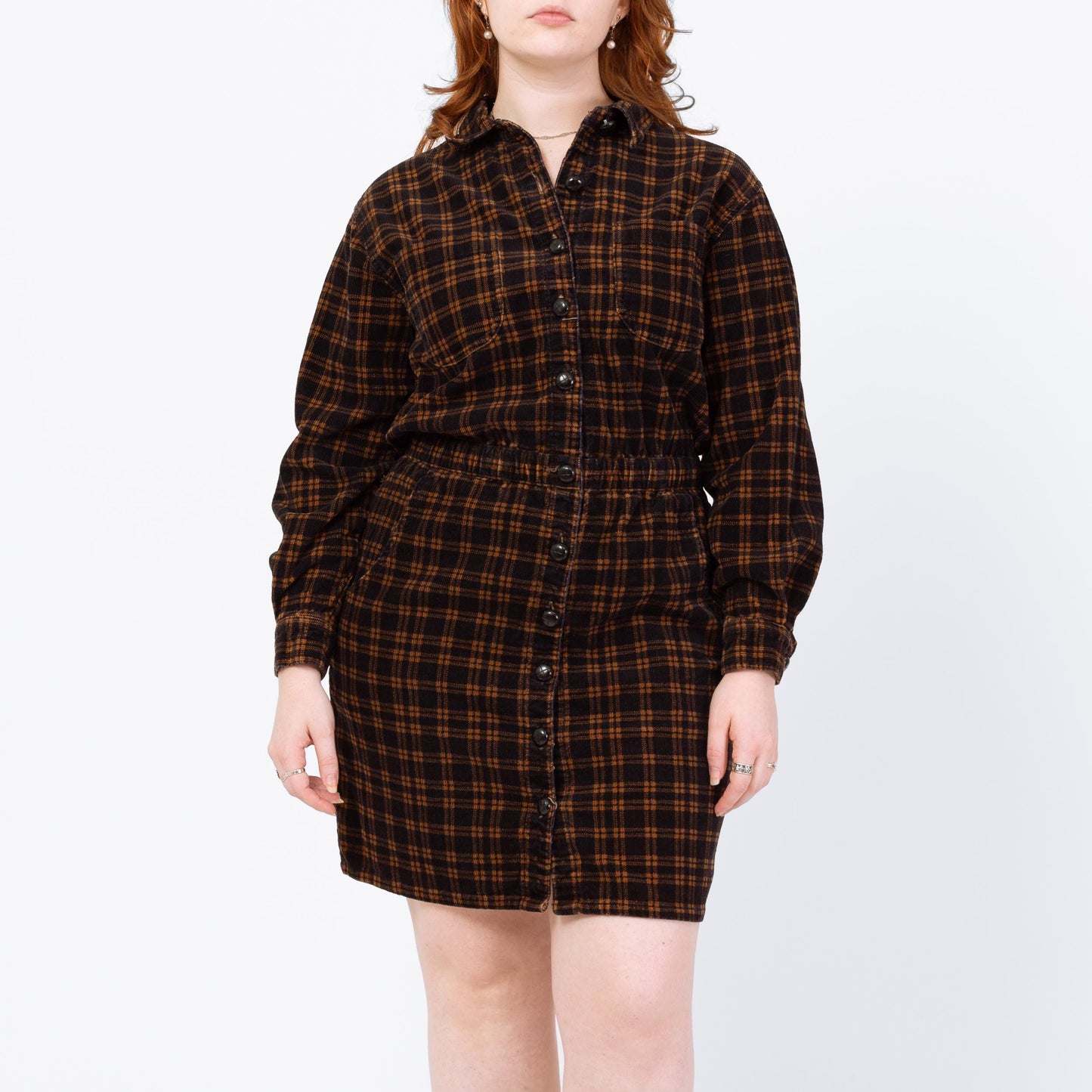 Vintage 90s Black & Brown Plaid Corduroy Mini Shirtdress - Petite Large | Button Up Long Sleeve Sheath Pocket Dress