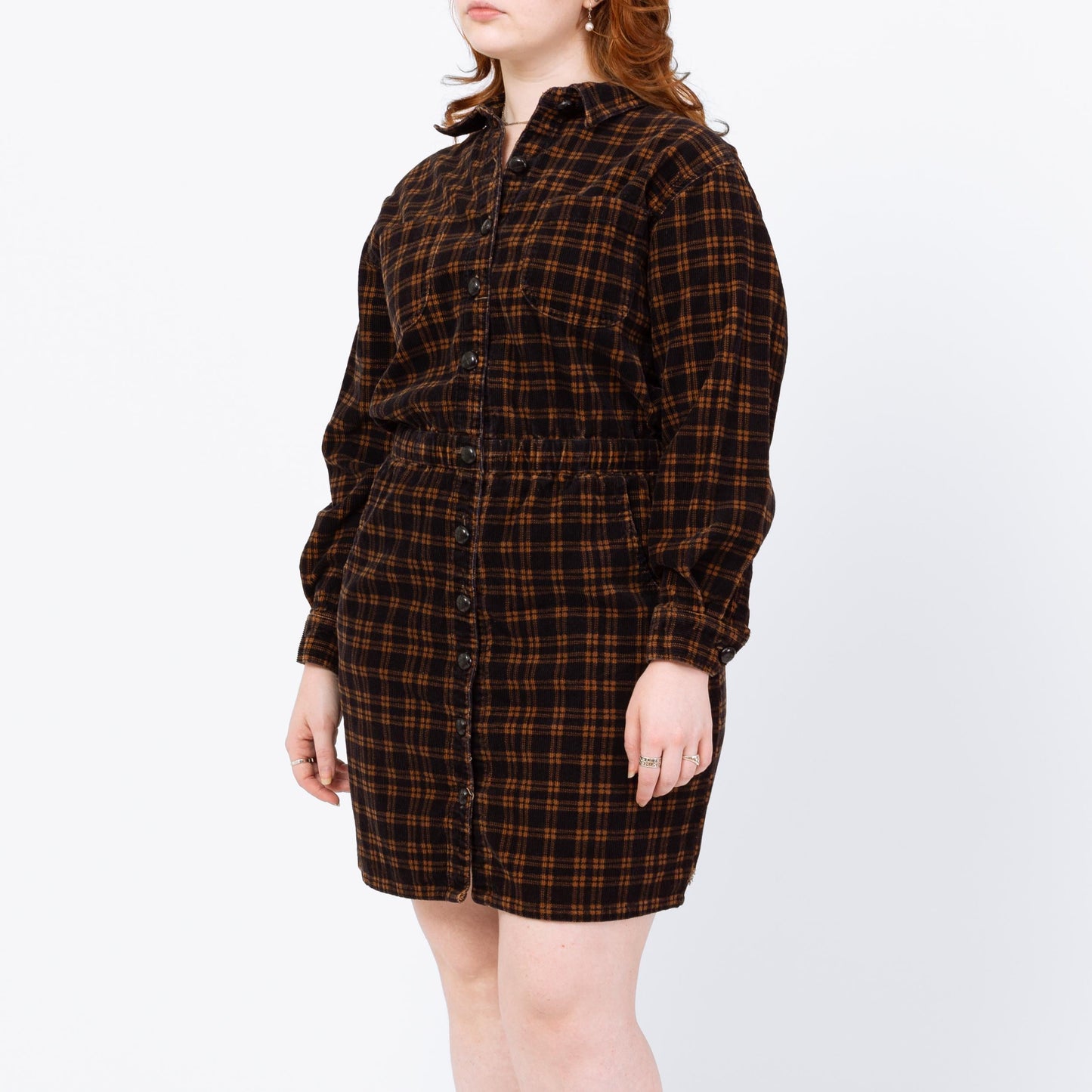 Vintage 90s Black & Brown Plaid Corduroy Mini Shirtdress - Petite Large | Button Up Long Sleeve Sheath Pocket Dress