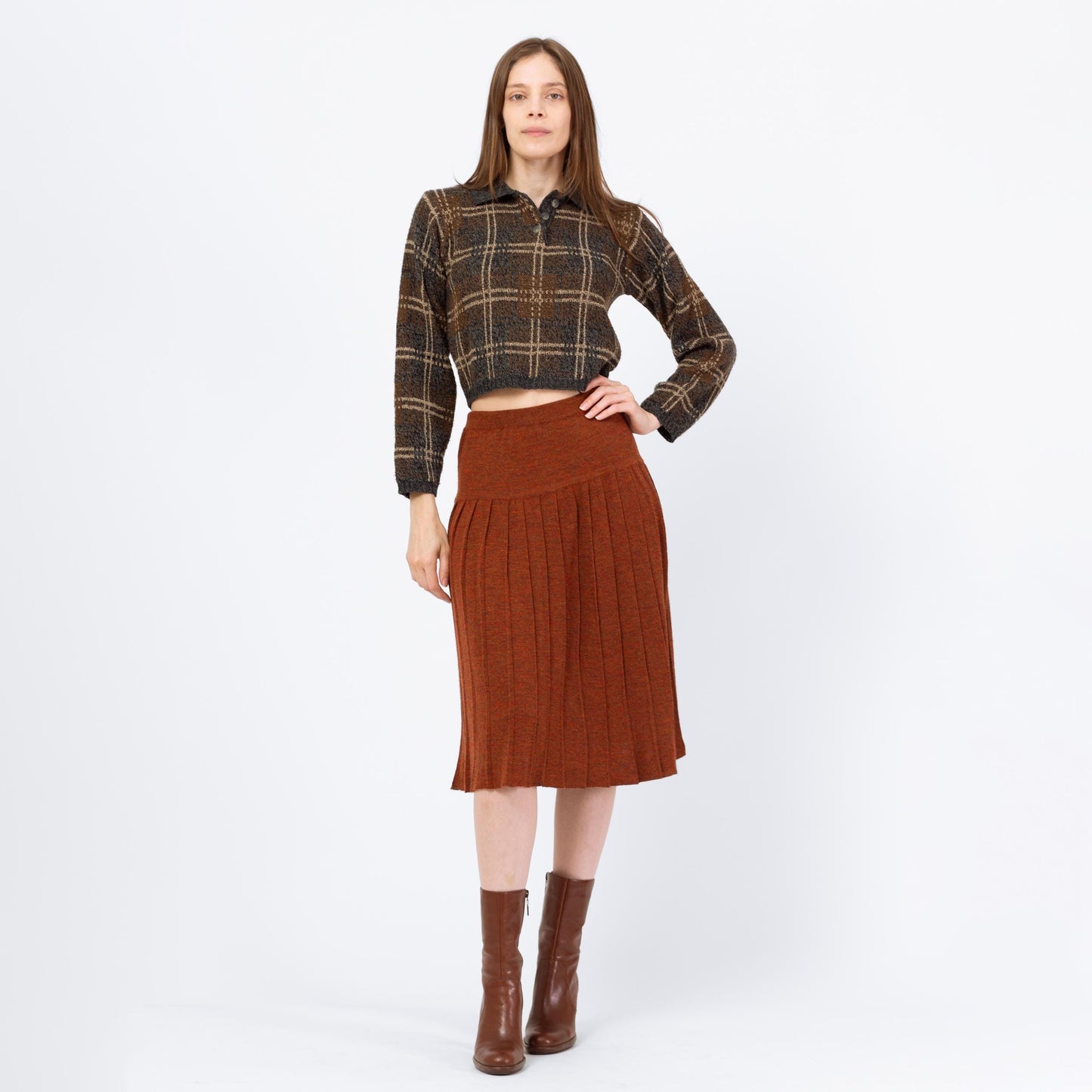 Vintage 90s Burnt Orange Knit Pleated Midi Skirt - Small | High Waisted Marled Knit A Line Minimalist Skirt