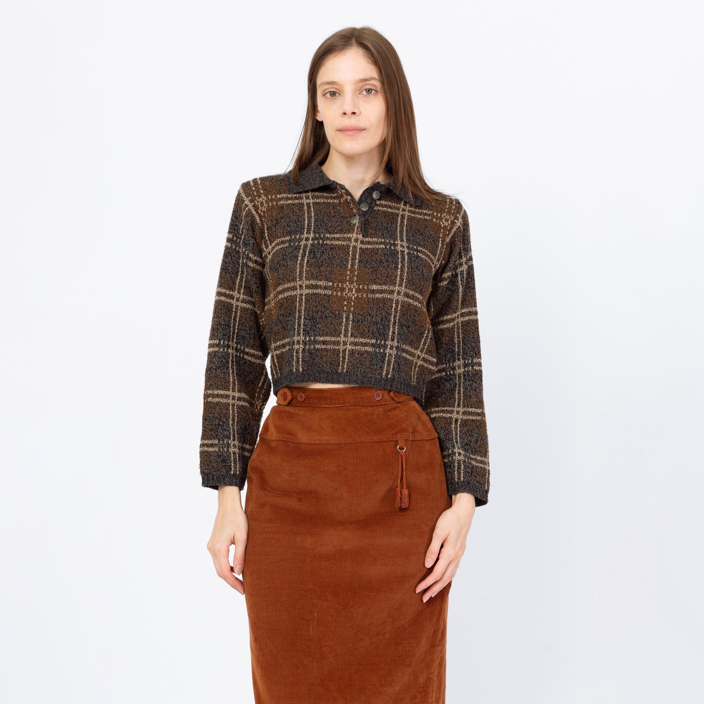 Vintage 90s Windowpane Plaid Knit Crop Top Sweater - Medium | Blue Brown Slouchy 1/4 Button Collared Cropped Pullover