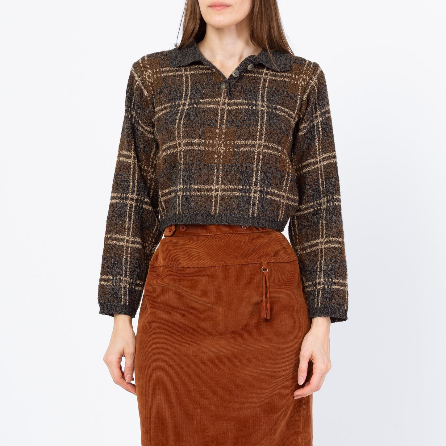 Vintage 90s Windowpane Plaid Knit Crop Top Sweater - Medium | Blue Brown Slouchy 1/4 Button Collared Cropped Pullover