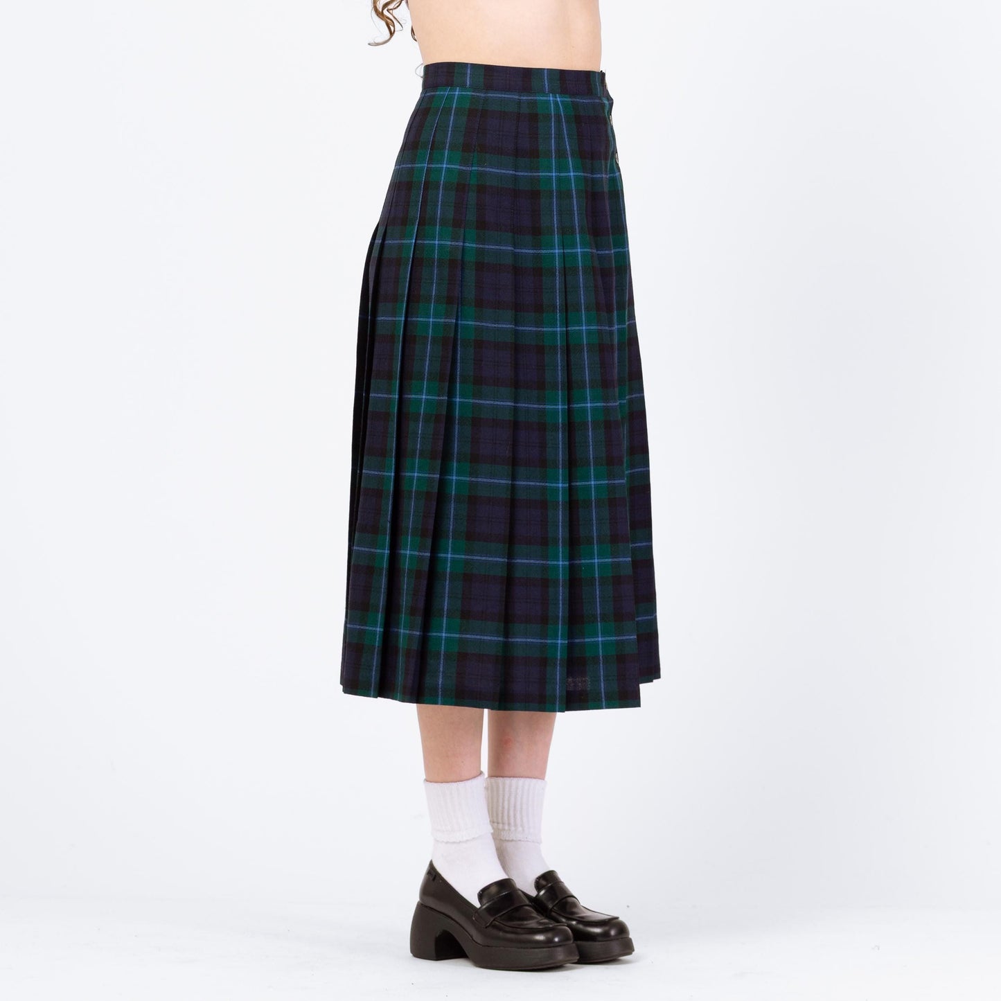 Vintage 80s Dark Plaid Wool Midi Skirt - Medium, 29" Waist