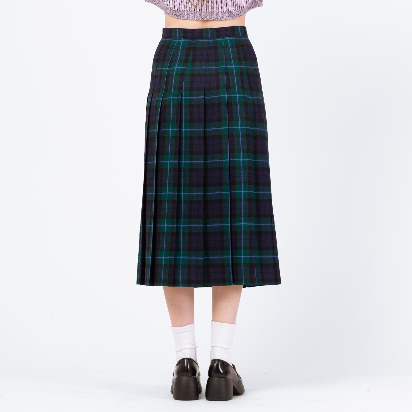 Vintage 80s Dark Plaid Wool Midi Skirt - Medium, 29" Waist