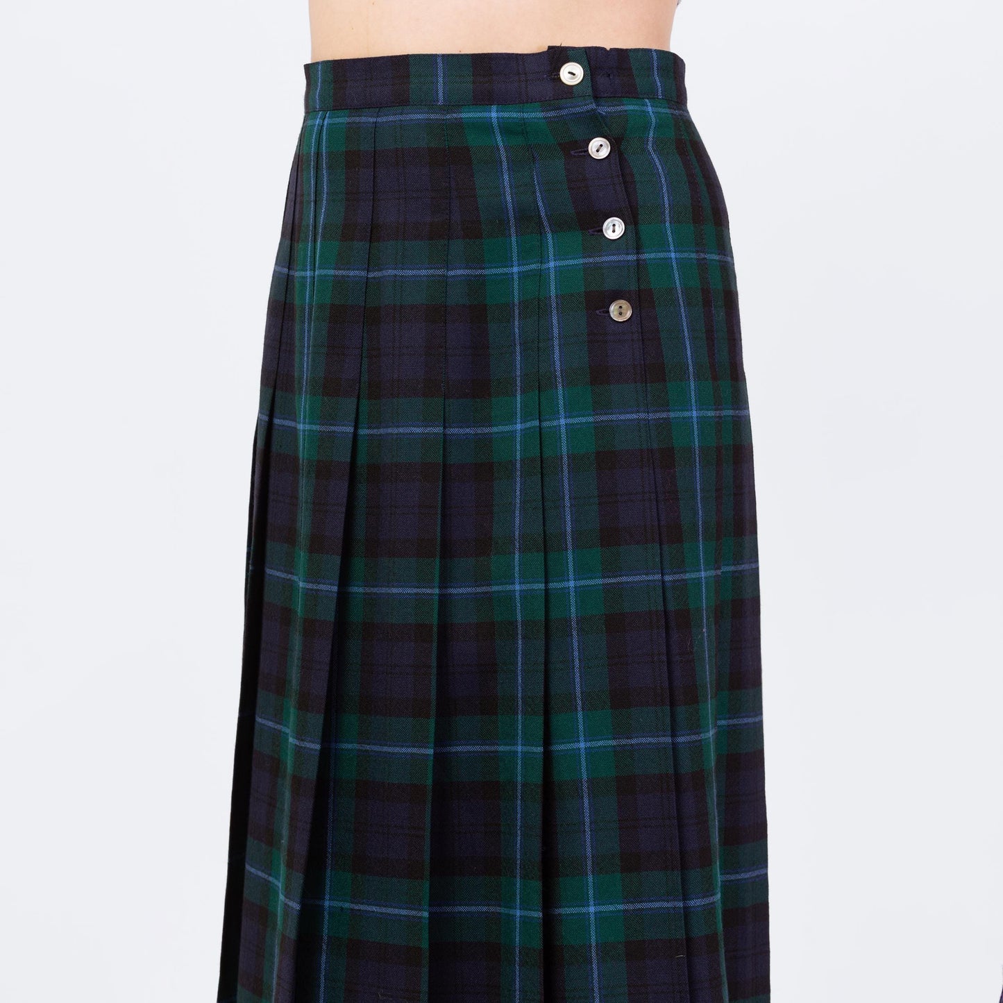 Vintage 80s Dark Plaid Wool Midi Skirt - Medium, 29" Waist
