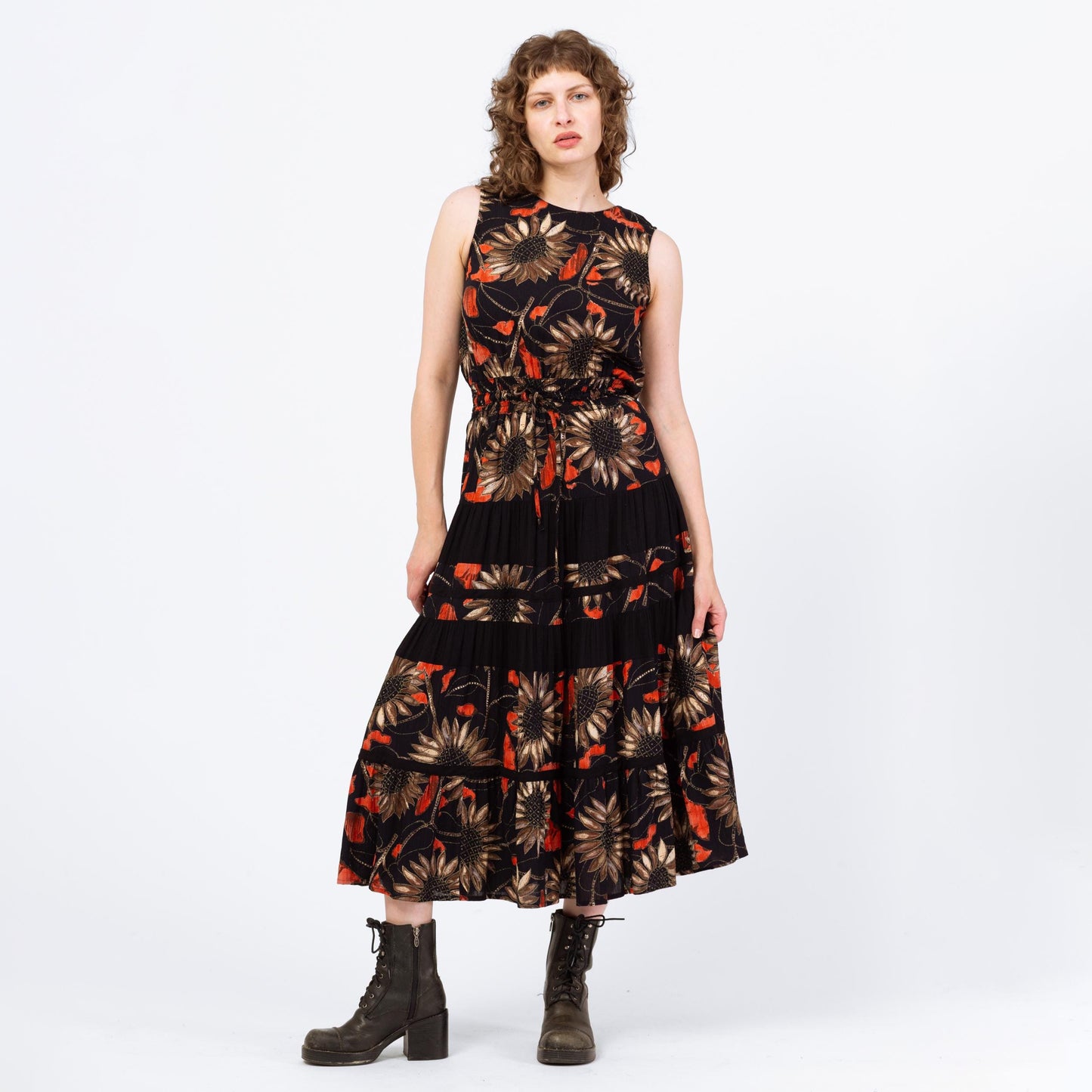 Vintage 90s Black Metallic Sunflower Print Maxi Tank Dress - Medium | Sleeveless Floral Grunge Dress, Boho Summer Sundress