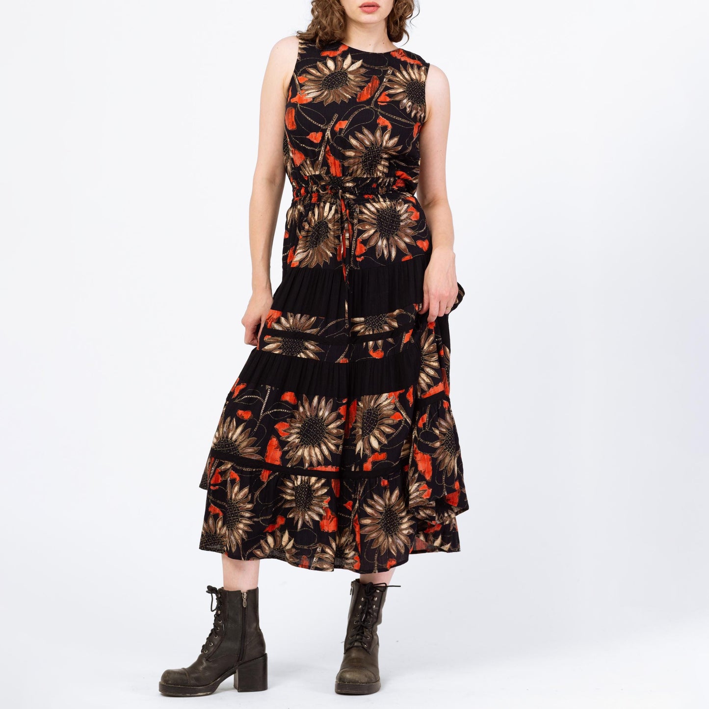 Vintage 90s Black Metallic Sunflower Print Maxi Tank Dress - Medium | Sleeveless Floral Grunge Dress, Boho Summer Sundress