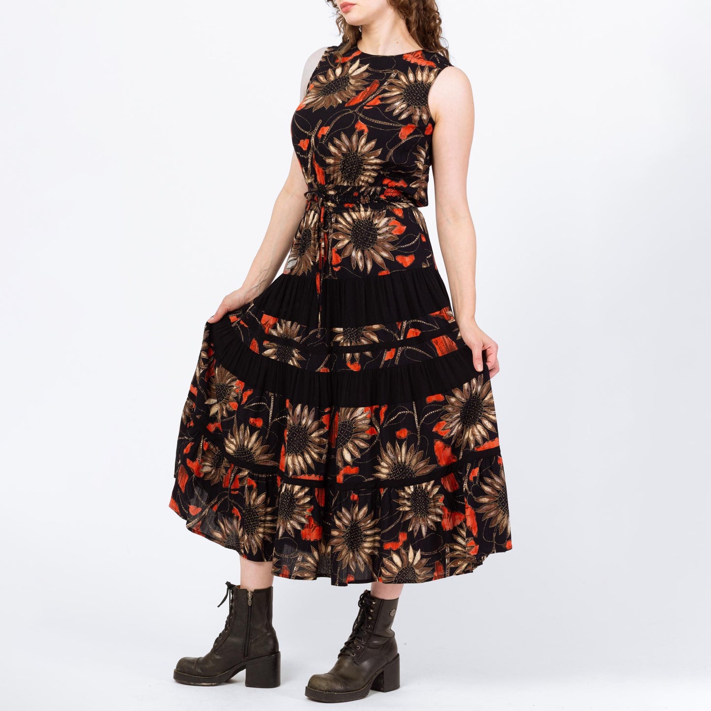 Vintage 90s Black Metallic Sunflower Print Maxi Tank Dress - Medium | Sleeveless Floral Grunge Dress, Boho Summer Sundress