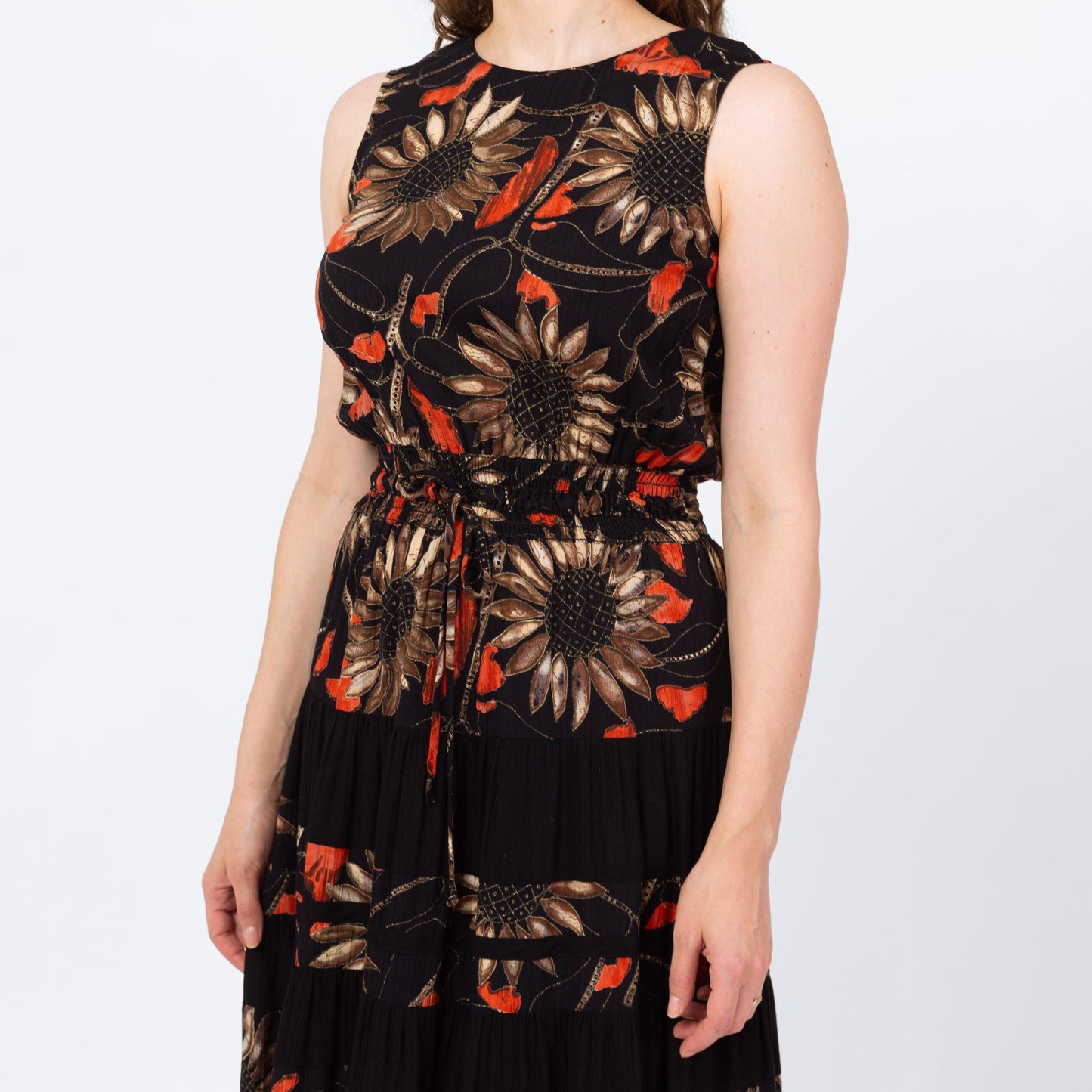 Vintage 90s Black Metallic Sunflower Print Maxi Tank Dress - Medium | Sleeveless Floral Grunge Dress, Boho Summer Sundress