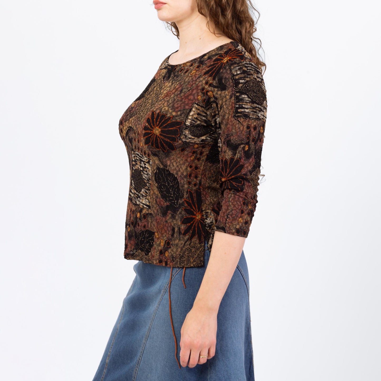Vintage Y2K Fall Floral & Leaf Print Top - Medium | Boho Brown Black 3/4 Sleeve Stretchy Whimsigoth Blouse