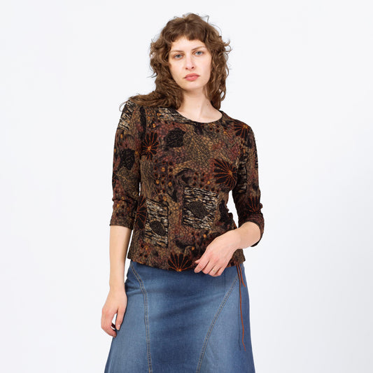 Vintage Y2K Fall Floral & Leaf Print Top - Medium | Boho Brown Black 3/4 Sleeve Stretchy Whimsigoth Blouse