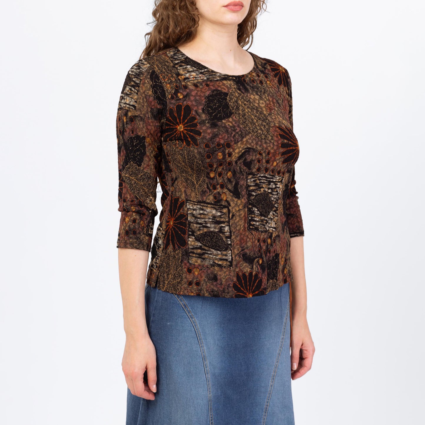 Vintage Y2K Fall Floral & Leaf Print Top - Medium | Boho Brown Black 3/4 Sleeve Stretchy Whimsigoth Blouse