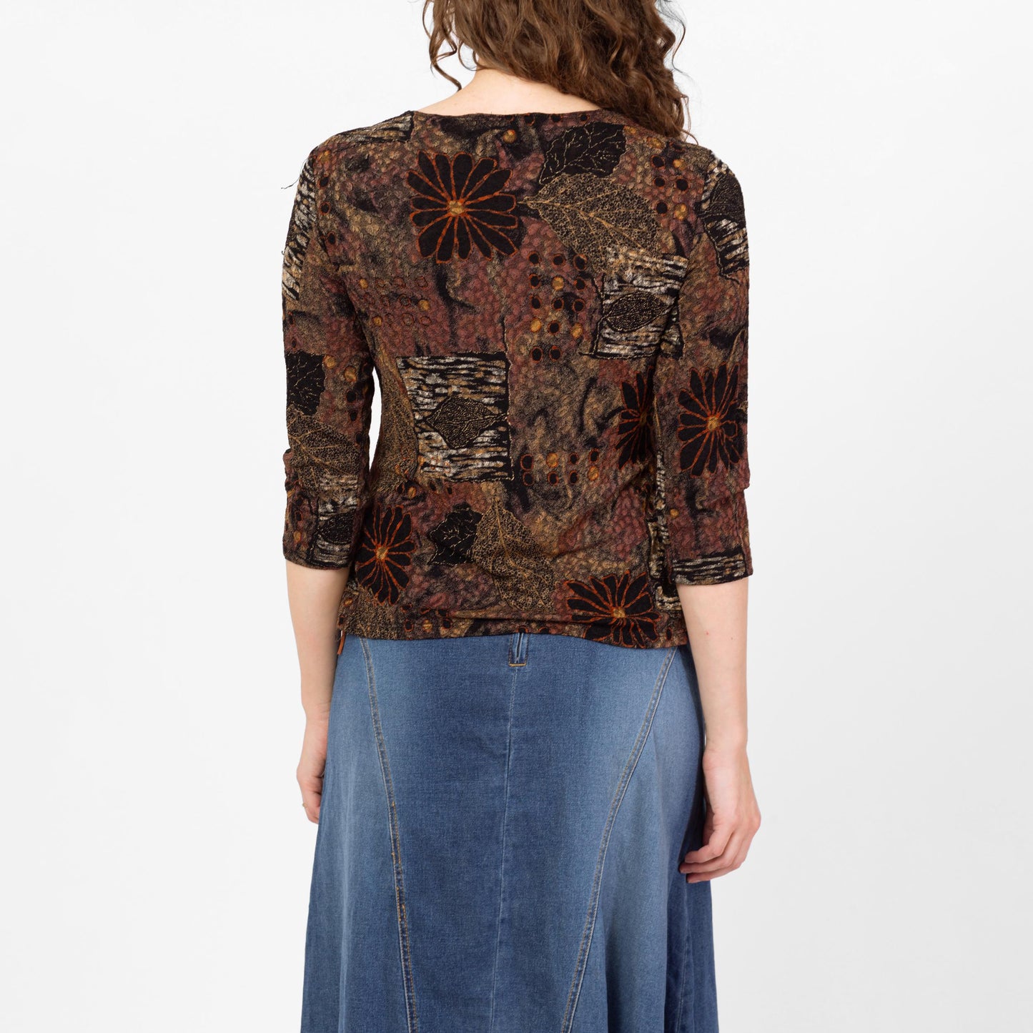 Vintage Y2K Fall Floral & Leaf Print Top - Medium | Boho Brown Black 3/4 Sleeve Stretchy Whimsigoth Blouse