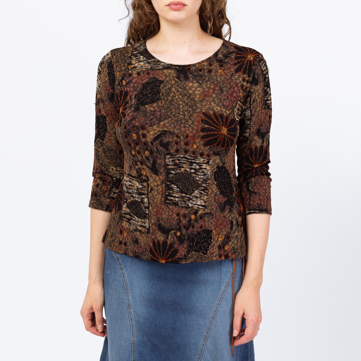 Vintage Y2K Fall Floral & Leaf Print Top - Medium | Boho Brown Black 3/4 Sleeve Stretchy Whimsigoth Blouse