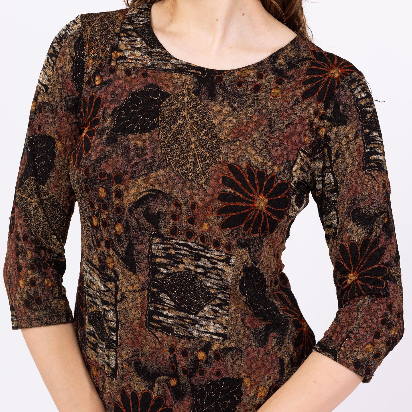 Vintage Y2K Fall Floral & Leaf Print Top - Medium | Boho Brown Black 3/4 Sleeve Stretchy Whimsigoth Blouse