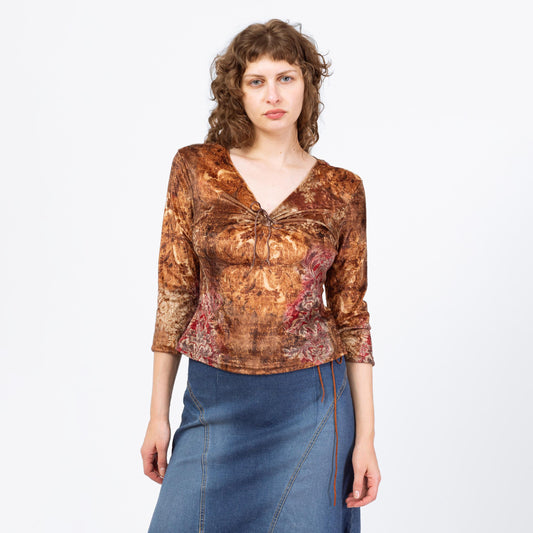 Vintage Y2K Brown Floral Velvet Keyhole Neck Top - Large | Boho 3/4 Sleeve V Neck Blouse