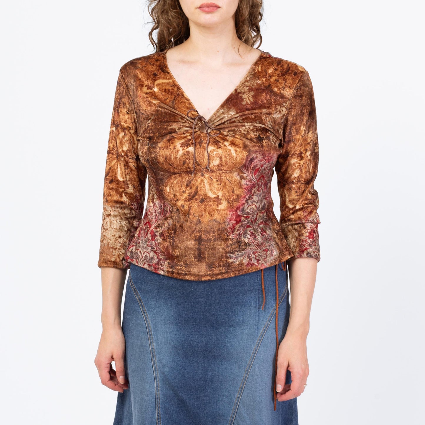 Vintage Y2K Brown Floral Velvet Keyhole Neck Top - Large | Boho 3/4 Sleeve V Neck Blouse