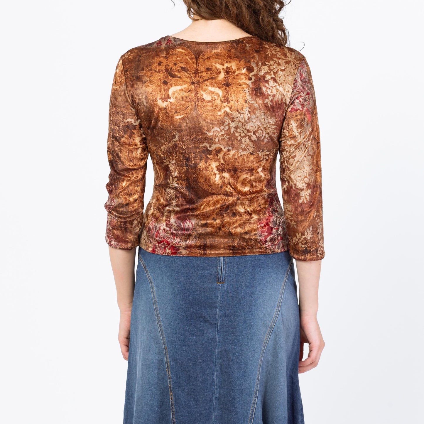 Vintage Y2K Brown Floral Velvet Keyhole Neck Top - Large | Boho 3/4 Sleeve V Neck Blouse