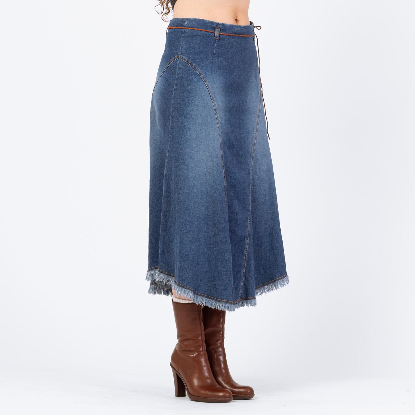 Vintage 90s Western Stretchy Denim Midi Skirt - Medium | Low Waisted Blue Jean Skirt, A Line Fringe Skirt