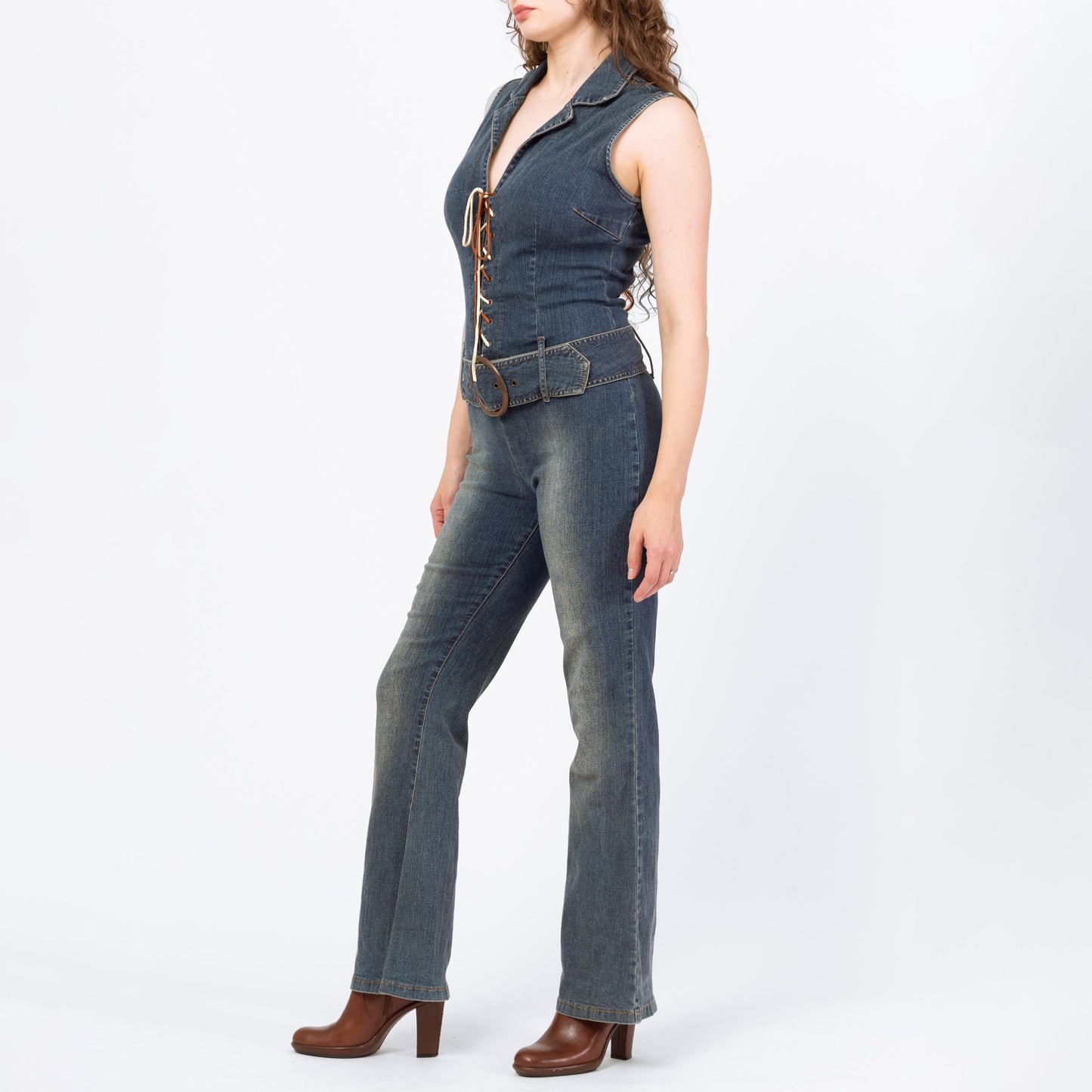Vintage 90s Y2K Denim Lace Up Fitted Jumpsuit - Medium | Faded Dark Wash Stretchy Jean Corset Pantsuit