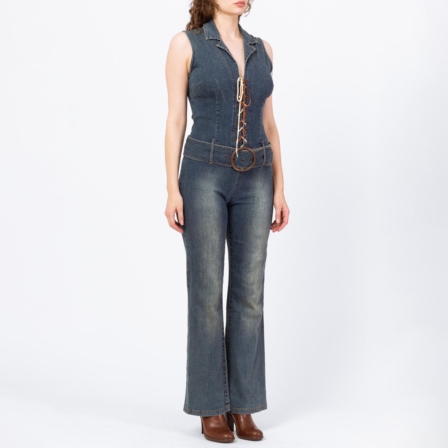 Vintage 90s Y2K Denim Lace Up Fitted Jumpsuit - Medium | Faded Dark Wash Stretchy Jean Corset Pantsuit