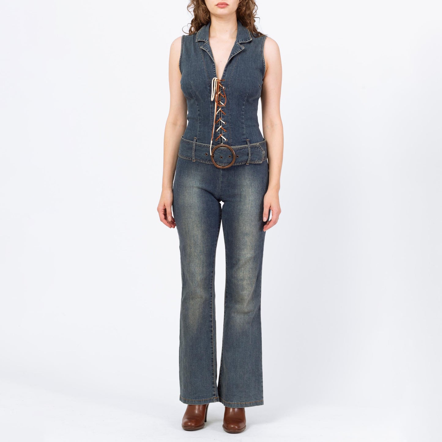 Vintage 90s Y2K Denim Lace Up Fitted Jumpsuit - Medium | Faded Dark Wash Stretchy Jean Corset Pantsuit