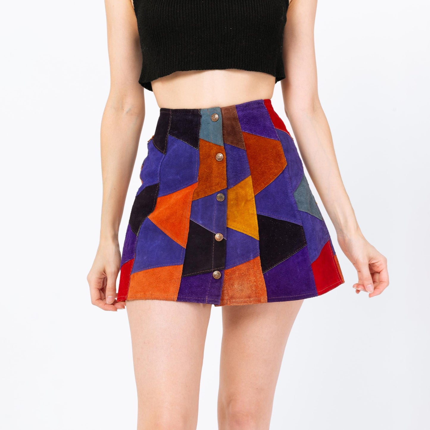Vintage 70s Suede Patchwork Mini Skirt - Small, 26" Waist | Boho Button Front Festival Skirt, Colorblock Leather A-Line Skirt