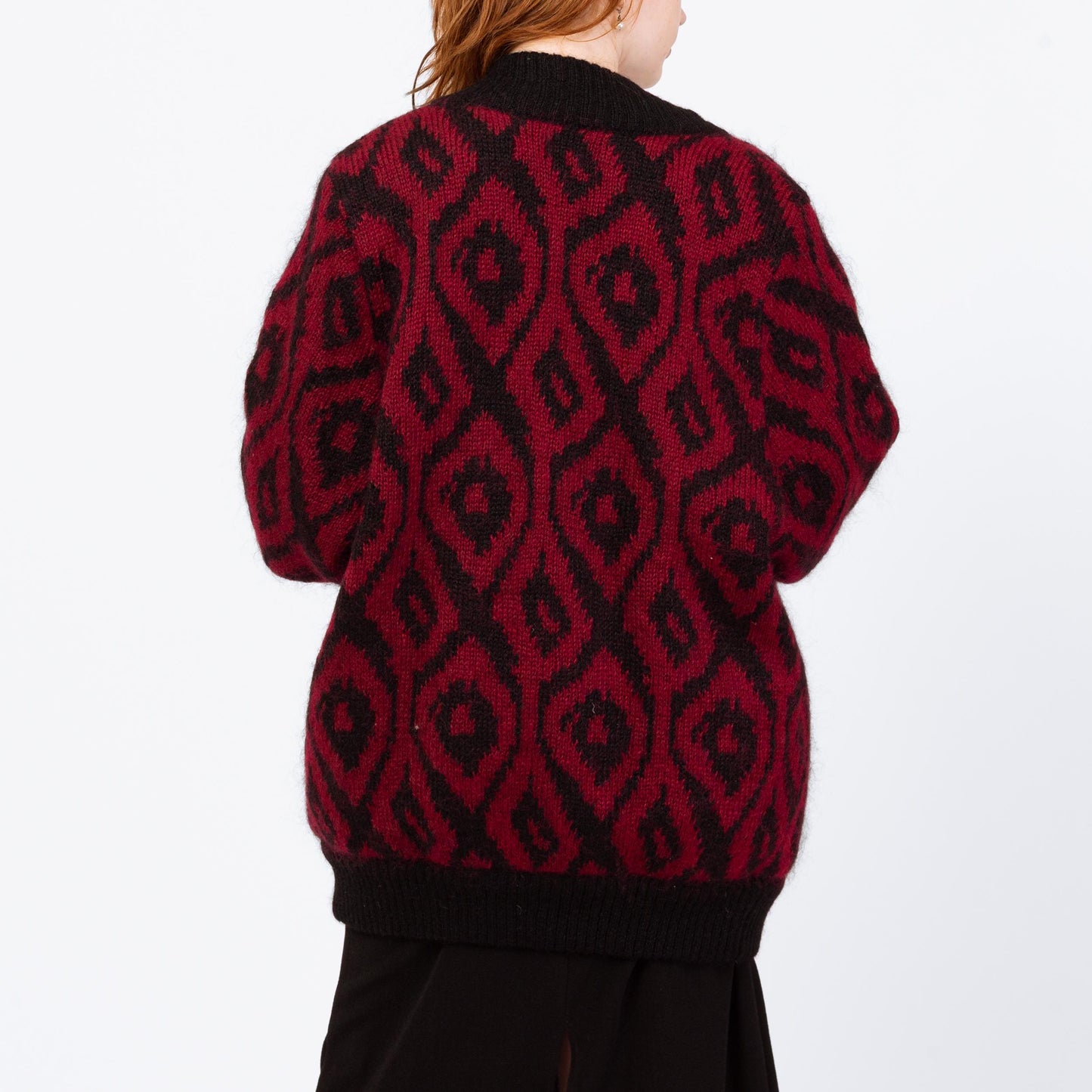 Vintage 80s Mohair Argyle Balloon Sleeve Oversize Cardigan - Large | Red Black Lined Wool Blend Knit Button Up Long Sweater Jacket