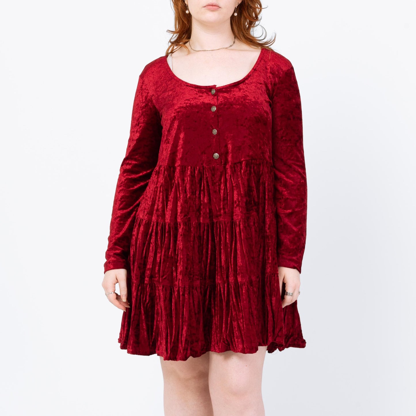Vintage 90s Red Crushed Velvet Babydoll Mini Dress - Medium | Whimsigoth Dress, Long Sleeve Button Up Grunge Dress